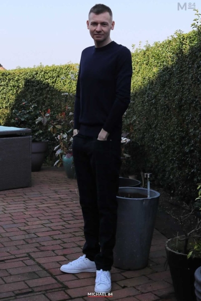 Blackwatch Trousers Outfit With Navy Merino Knit Jumper