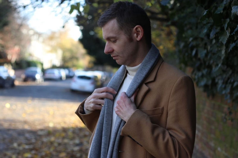 Spring Equinox Style: Overcoat, Merino Knit & Scarf Outfit