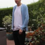 White T-Shirt, Blue Cardigan & Navy Chinos Outfit For Autumn