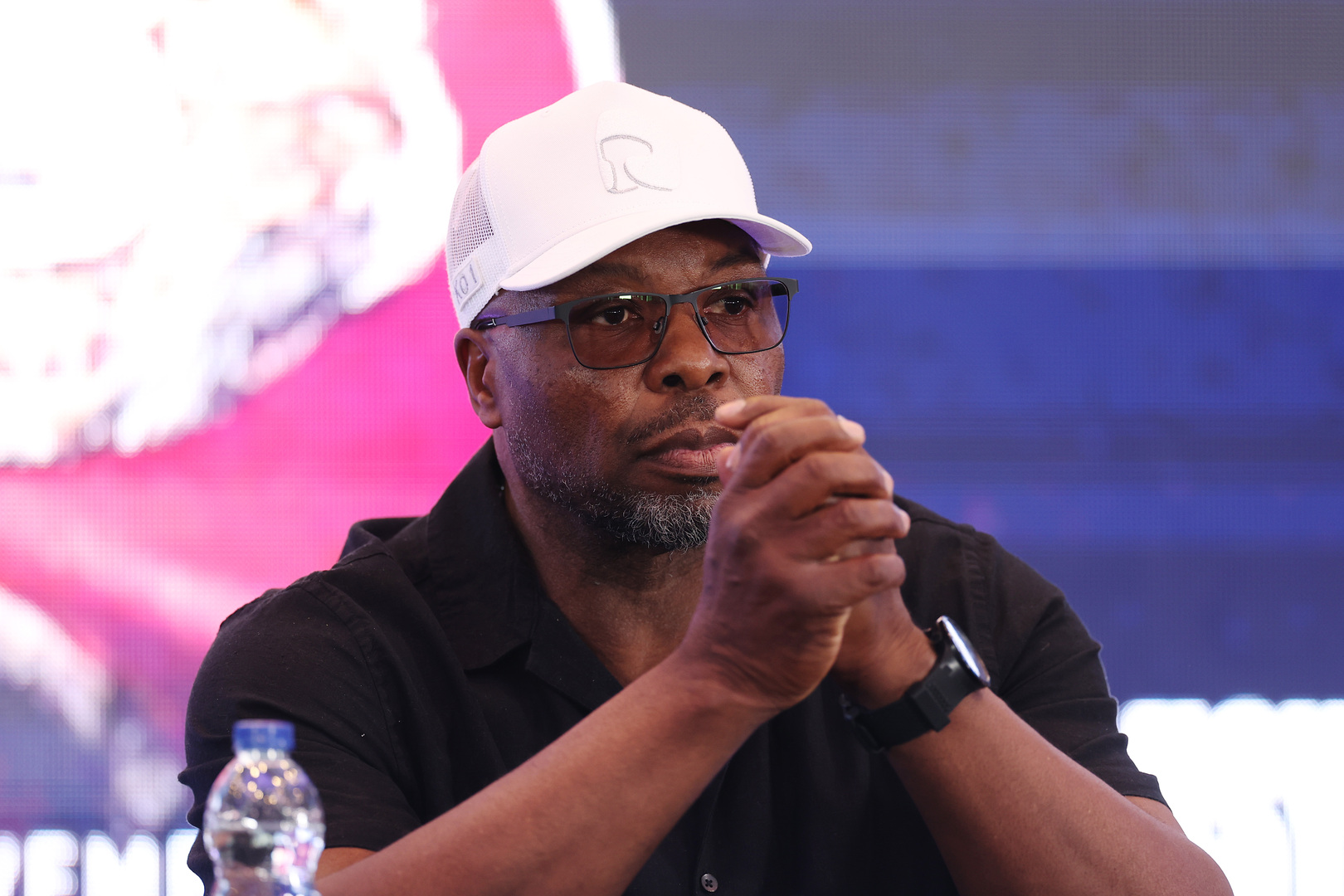 Don Charles, trainer of Daniel Dubois, at a press conference for the Usyk v Dubois II heavyweight title fight.