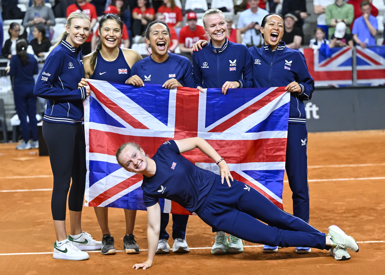 Great Britain's Billie Jean King Cup team celebrates a victory.