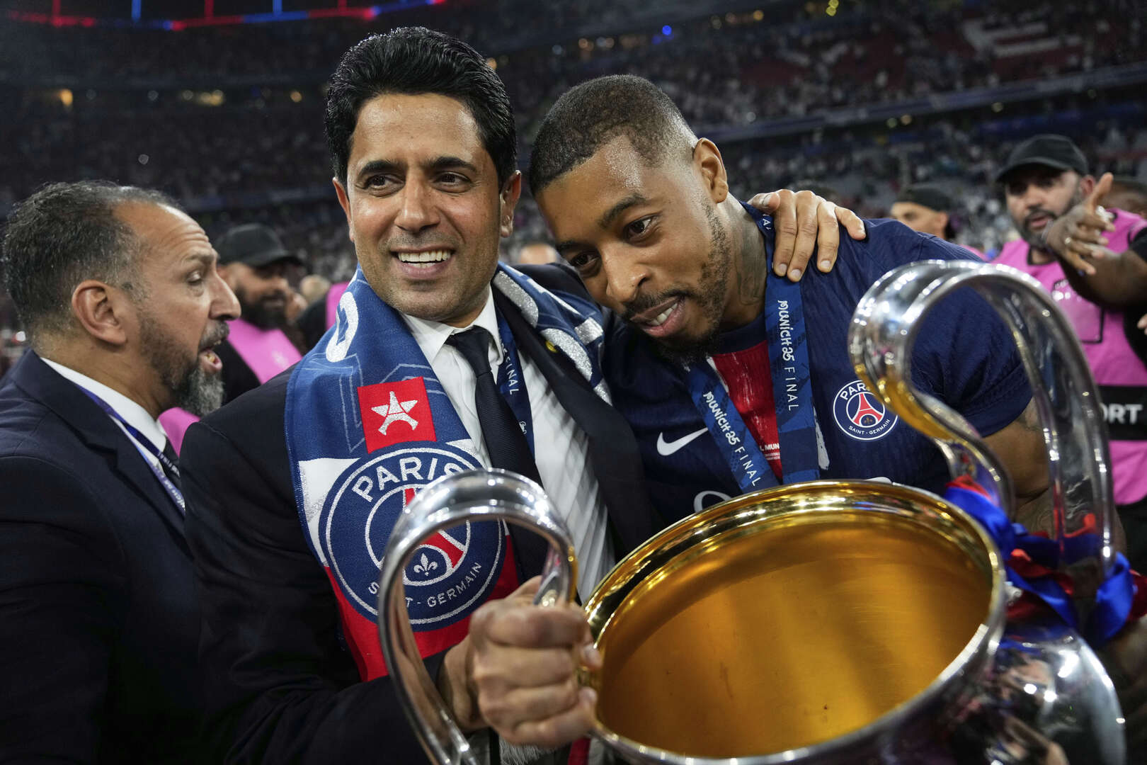 PSG owner Nasser Al-Khelaifi with the Champions League trophy.