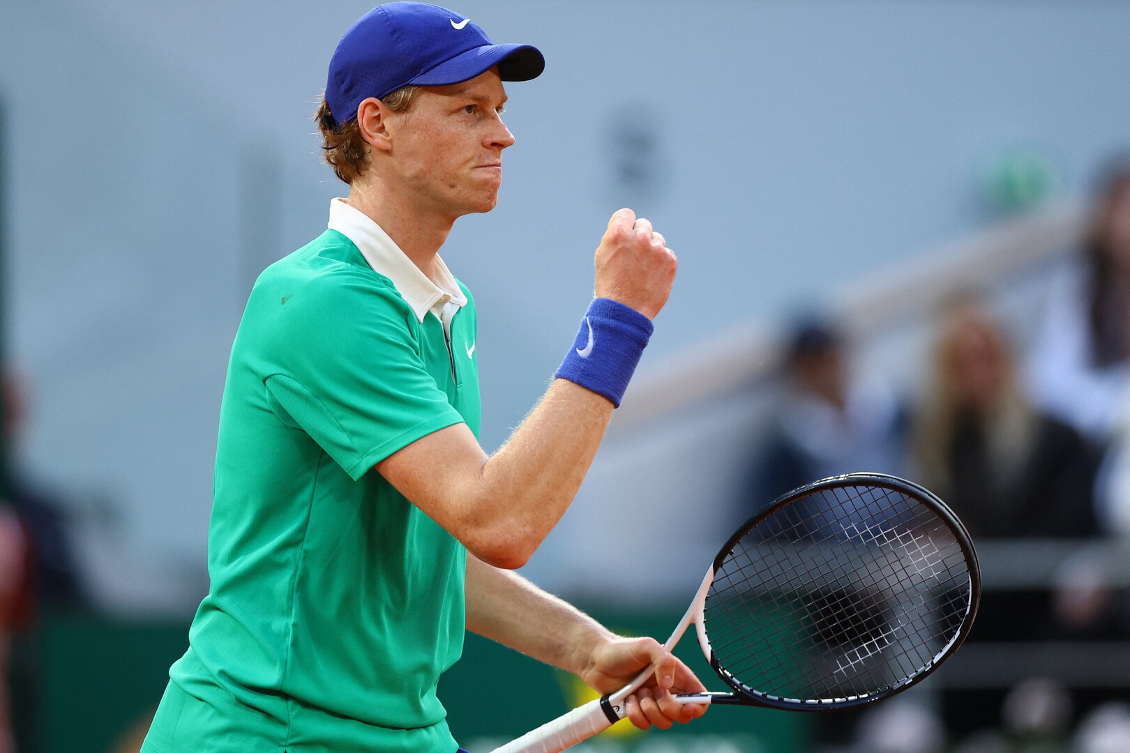 Jannik Sinner celebrates at the French Open.